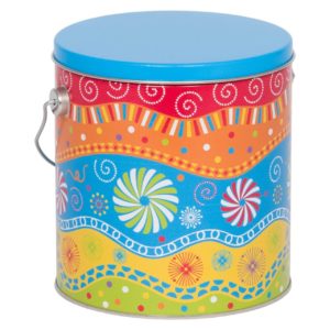 tin of Dolle's® Popcorn decorated with pinwheels and swirl pattern artwork