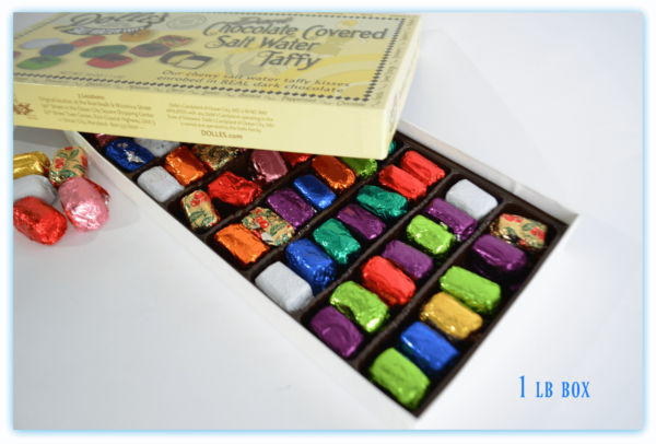 opened 1 lb box of Dolle's® Dark Chocolate Covered Salt Water Taffy Kisses
