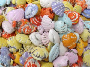 close up of assorted Chocoloate Seashells and Rocks