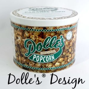 tin of Dolle's® Popcorn decorated with caramel popcorn artwork