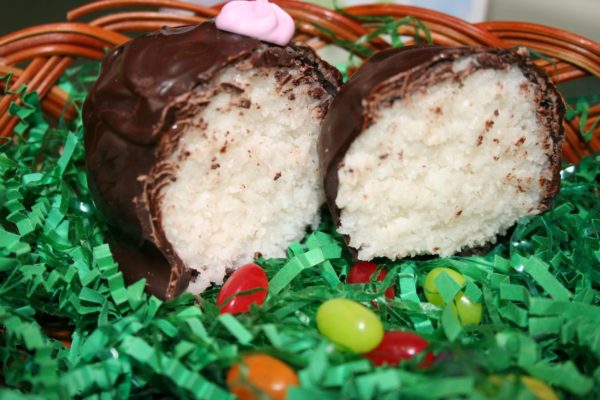 close up of 4 oz Homemade Easter Egg split to reveal flavor