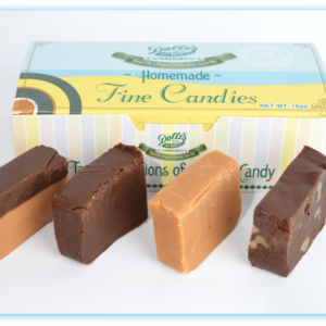 assorted 4 pieces of Fudge in front of box