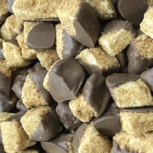 close up of Dark Chocolate Dipped Toasted Coconut Marshmallows