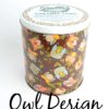 1 Gal tin of Dolle's® Popcorn decorated with owls and heart shaped leaves artwork